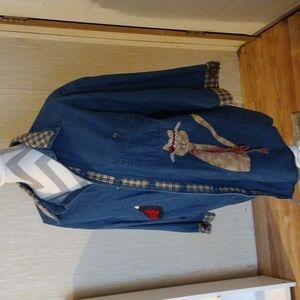 Denim shirt w/hand sewn kitty cats